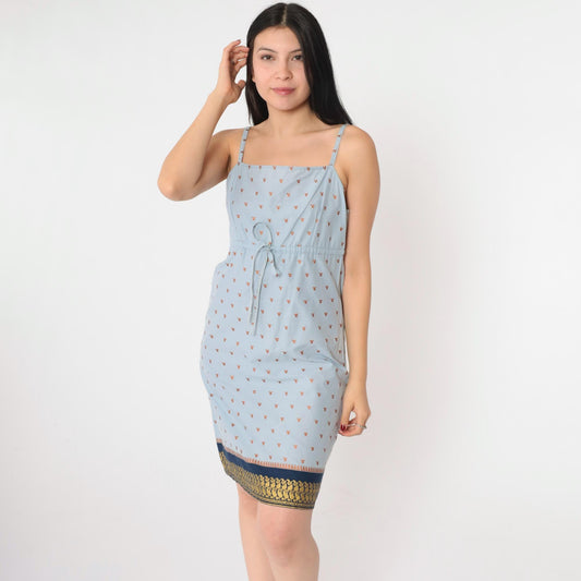Y2K Metallic Paisley Sundress Light Blue Spaghetti Strap Mini Small