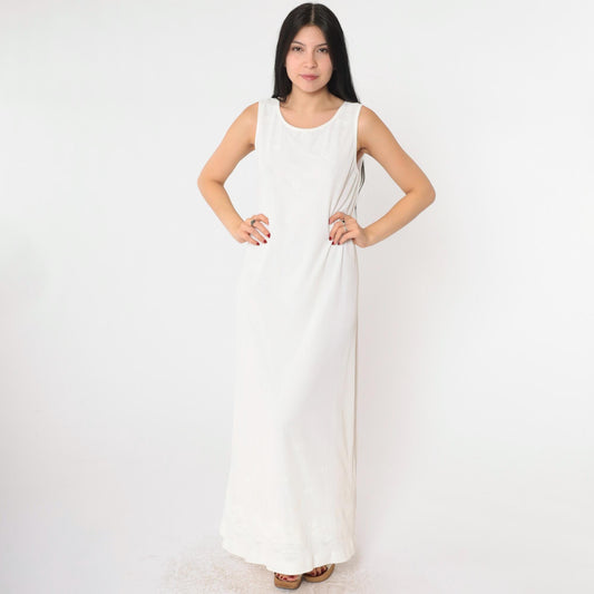 90s White Mesh Floral Lace Maxi Dress Sleeveless Scoop Neck Small