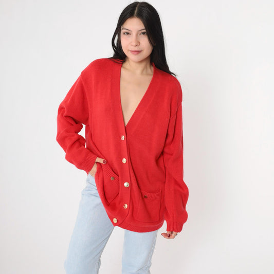 80s Karen Scott Wool Cardigan Red Gold Button Knit Sweater Large L