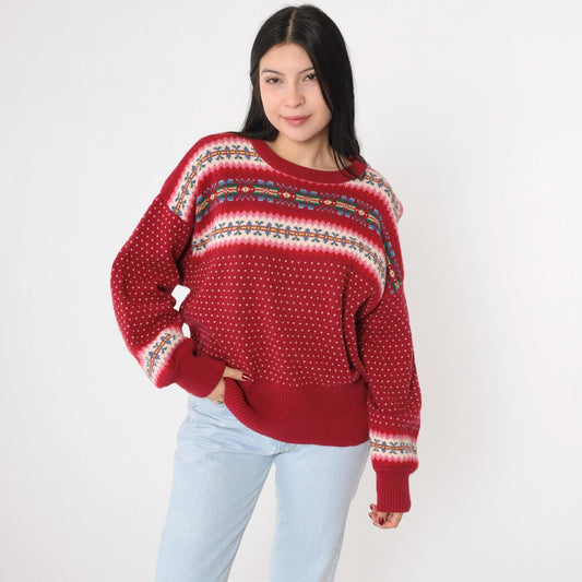90s Susan Bristol Fair Isle Sweater Striped Snowflake Knit Medium