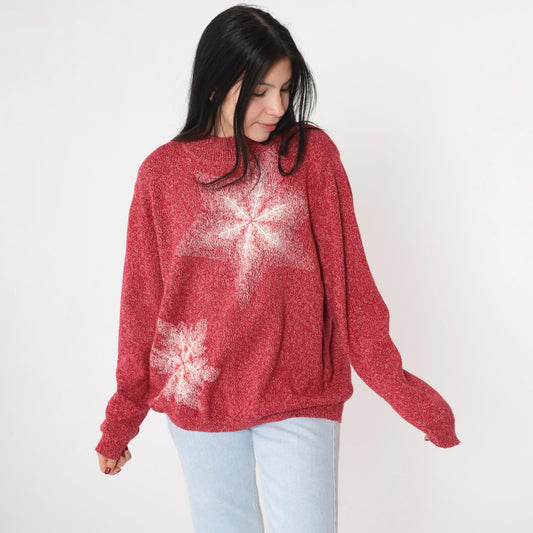 90s Red Beaded Snowflake Mock Neck Knit Sweater Pullover Large