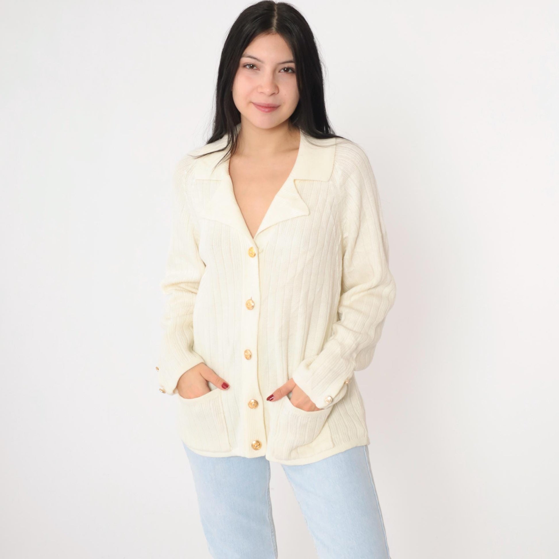 80s Ms. Casuals Cream Acrylic Cardigan Gold Eagle Buttons Medium