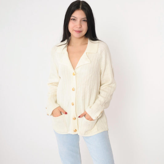 80s Ms. Casuals Cream Acrylic Cardigan Gold Eagle Buttons Medium