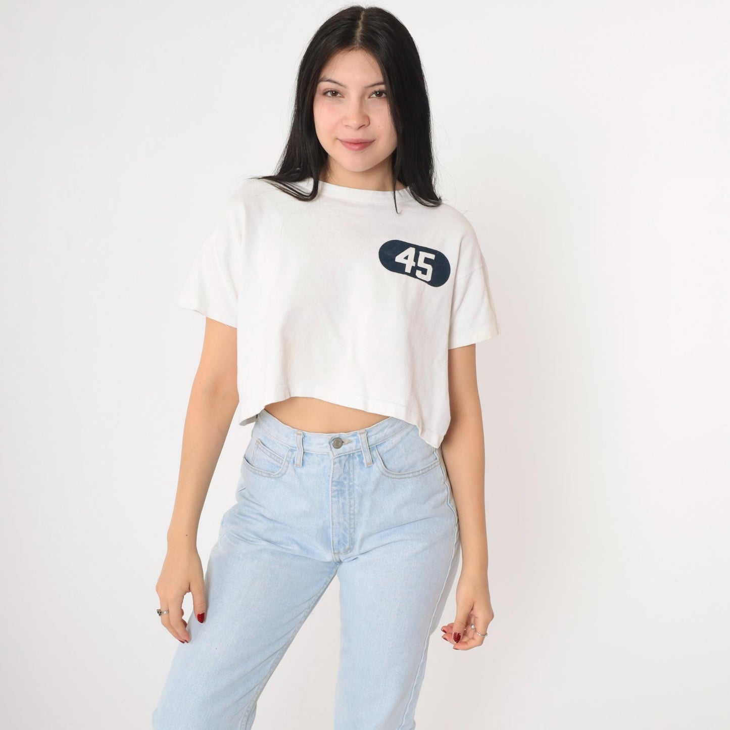 80s Champion Athletic Crop Top Number 45 White Cotton Medium