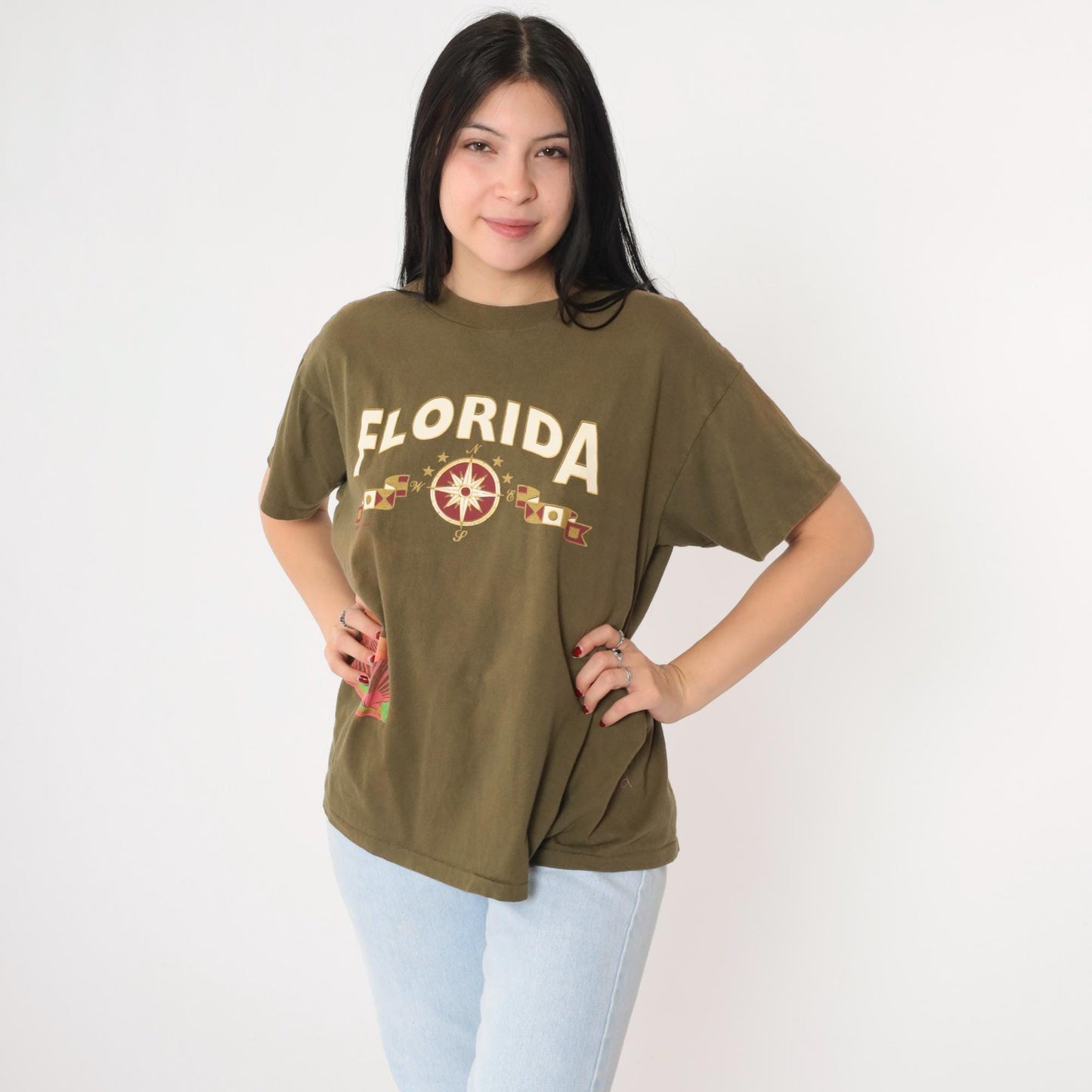 90s Florida Shell Compass Graphic T-Shirt Olive Green Tourist Tee Large L