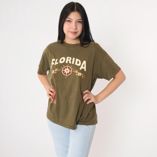 90s Florida Shell Compass Graphic T-Shirt Olive Green Tourist Tee Large L
