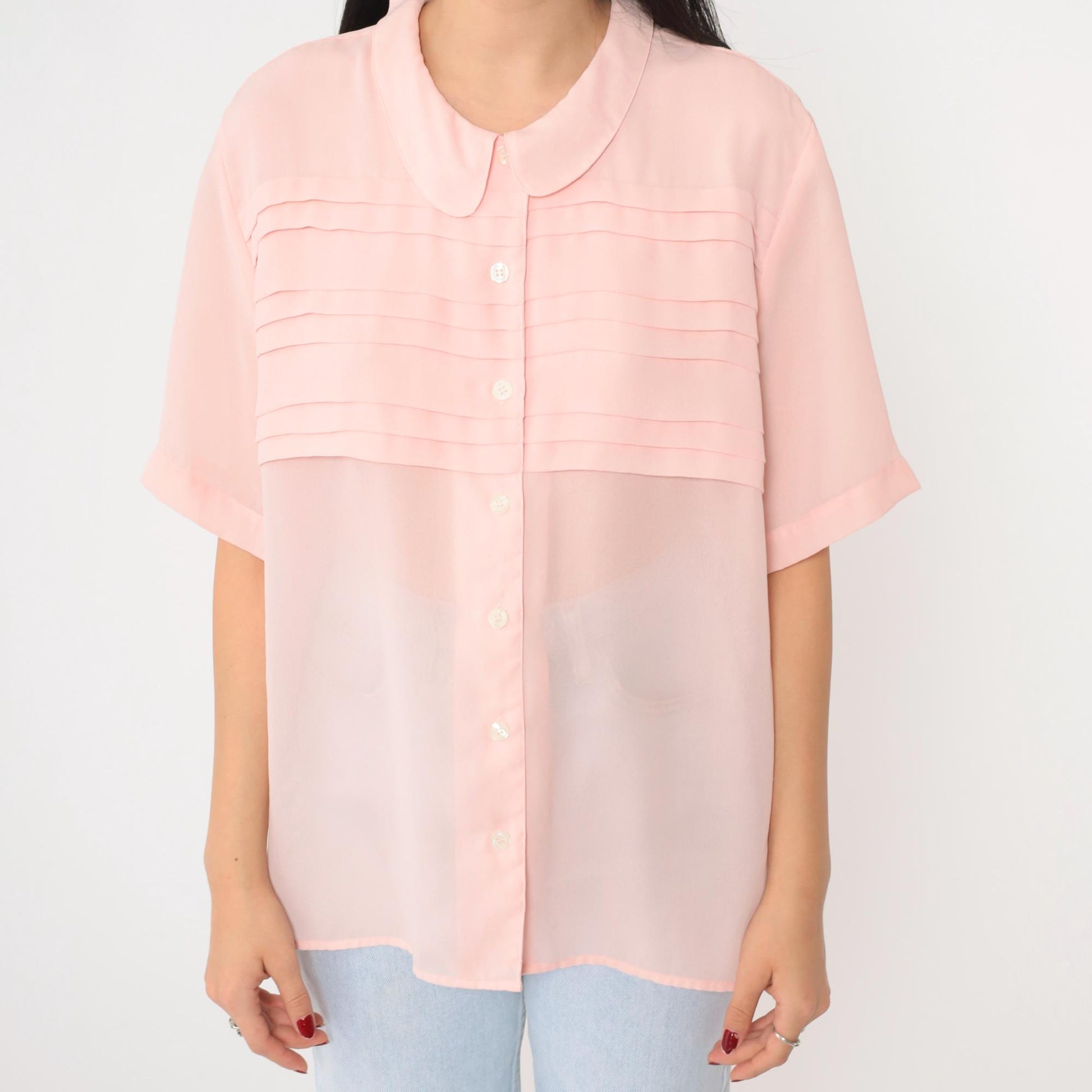 80s Chaus Baby Pink Chiffon Blouse Peter Pan Collar Pleated Short Sleeve Large
