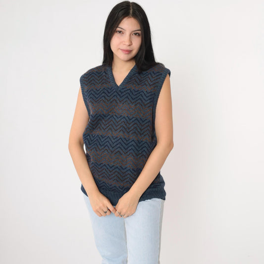 80s Robert Bruce Wool Blend Sweater Vest Zig Zag Stripe Blue V-Neck Medium