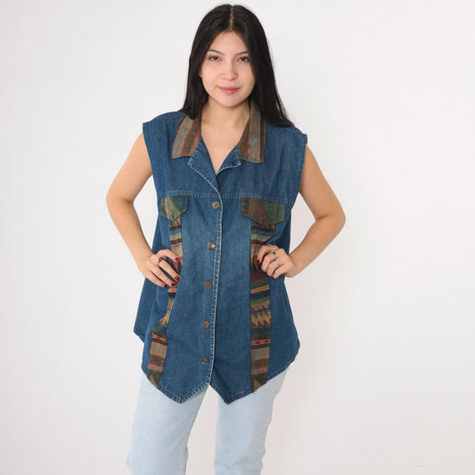 90s Southwestern Denim Vest Blue Tapestry Button Up Cotton Plus Size XXL