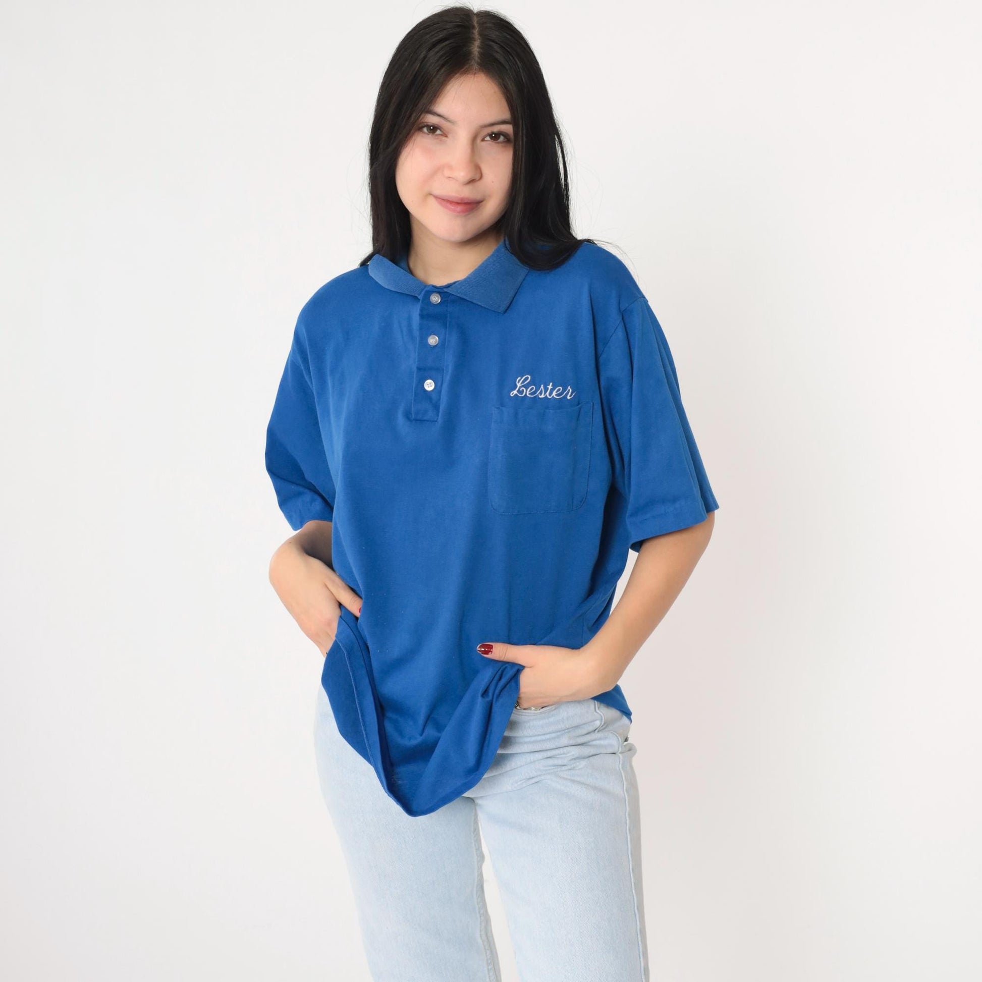 90s C&S Permit Service Lester Embroidered Polo Shirt Blue Extra Large XL