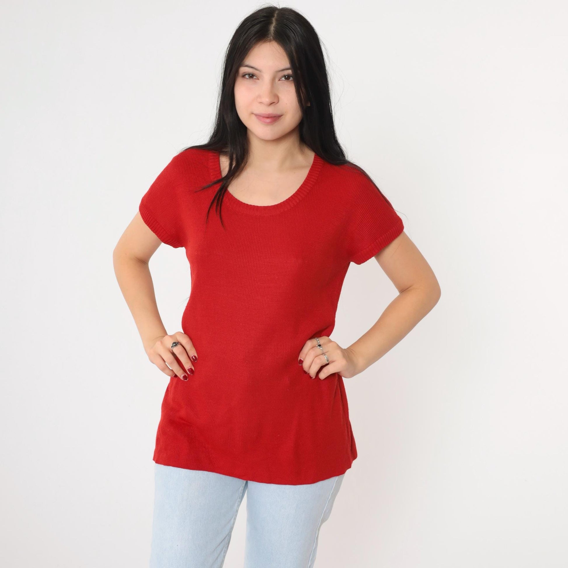 80s Red Ribbed Knit Scoop Neck Longline Top Short Sleeve Small
