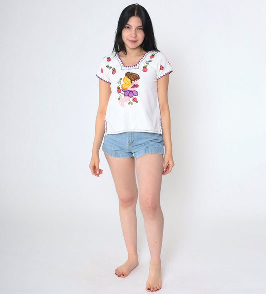 90s Cross Stitch Fairy Embroidered Floral Blouse White Mexican Top XXS