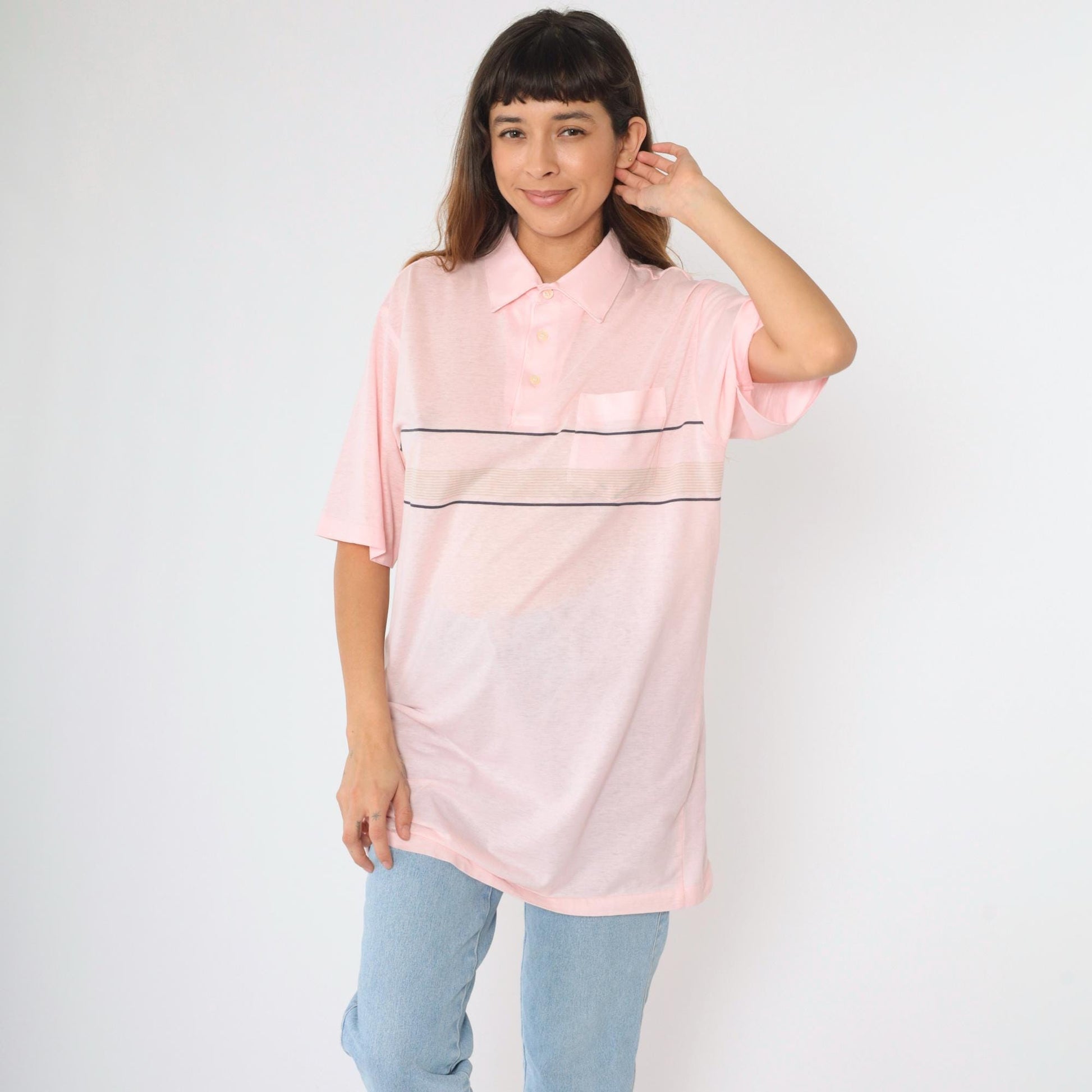 90s Career Club Striped Polo Shirt Pink Men's Extra Large Tall