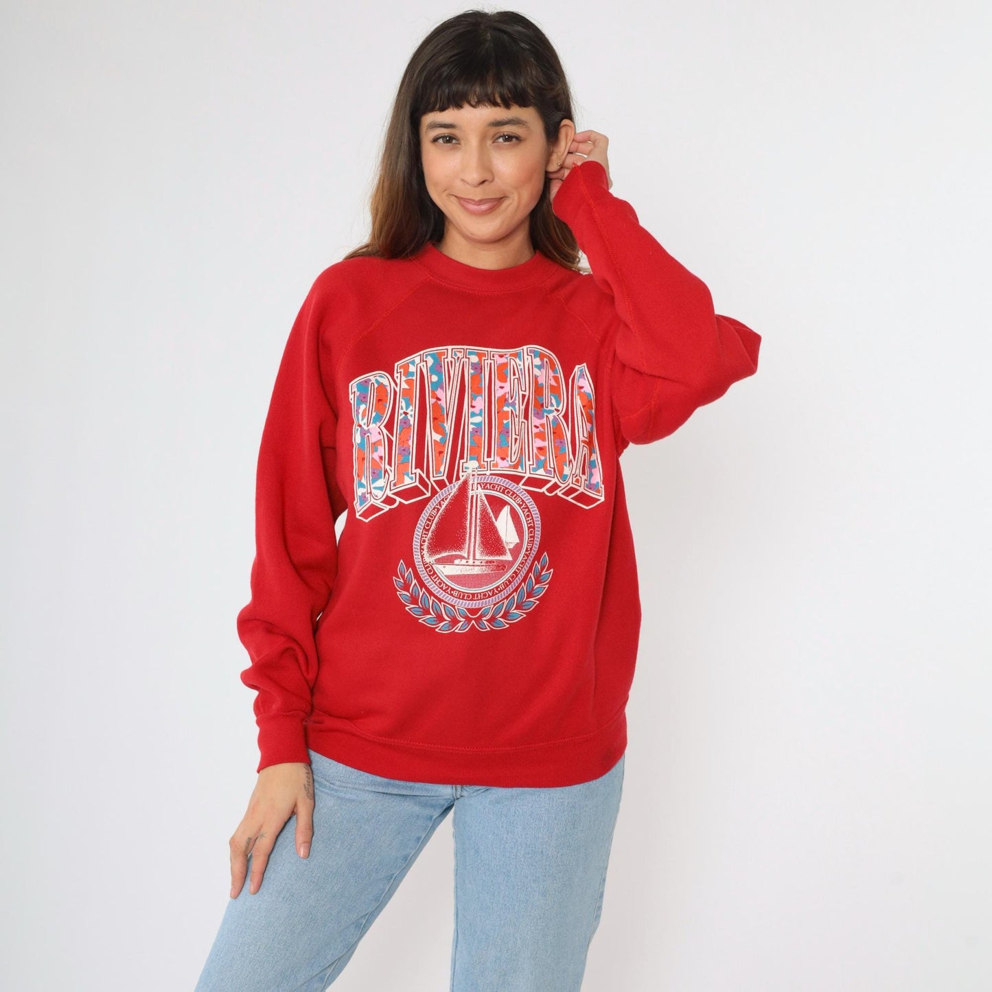 90s Riviera Yacht Club Sailboat Sweatshirt Red Raglan Crewneck Medium