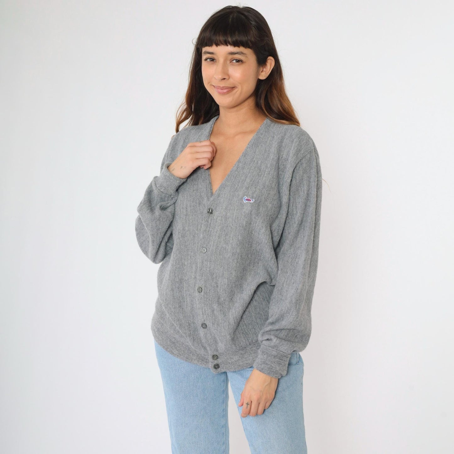 80s The Turtle Sweater Grey Cardigan V-Neck Button-Up Large