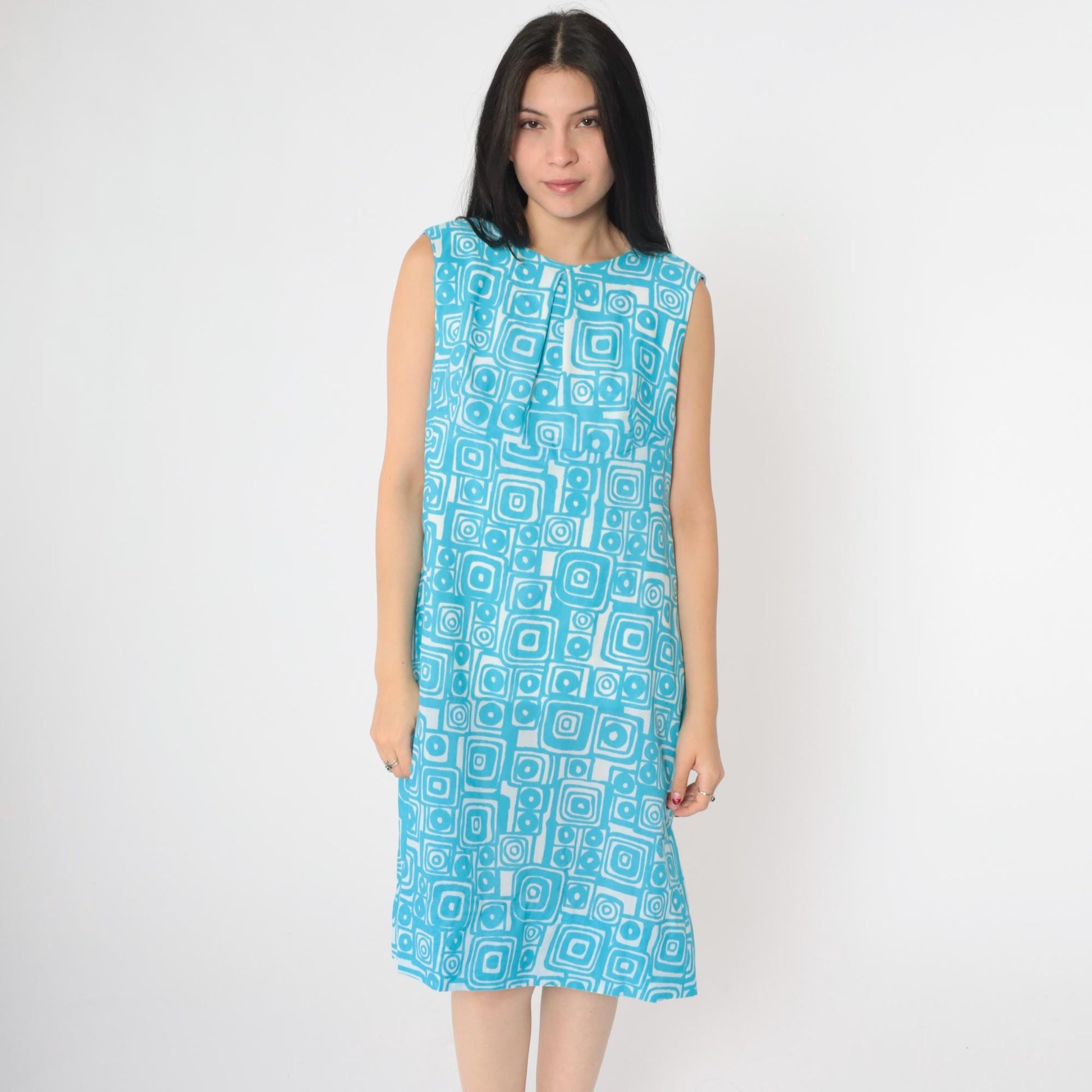 60s Mod Shift Dress Blue Geometric Print Sleeveless Knee-Length Large L