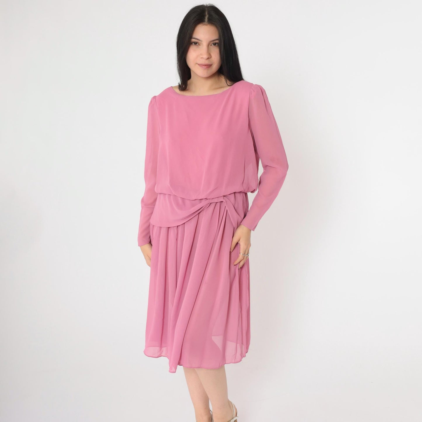 80s Pink Chiffon Midi Dress Puff Sleeve Peplum Waist Long Sleeve Small