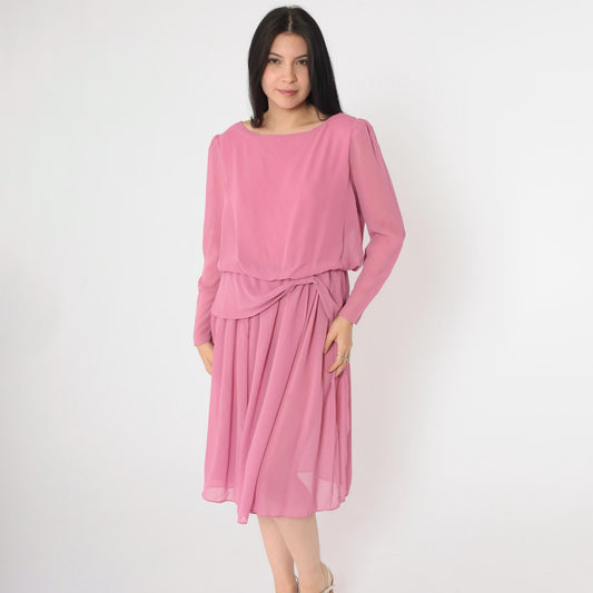 80s Pink Chiffon Midi Dress Puff Sleeve Peplum Waist Long Sleeve Small