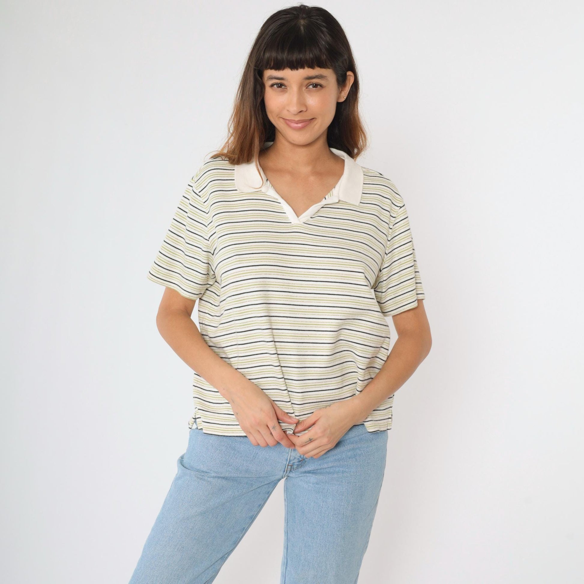 Y2K Metallic Striped Johnny Collar Shirt White Gold Green Plus Size XXL
