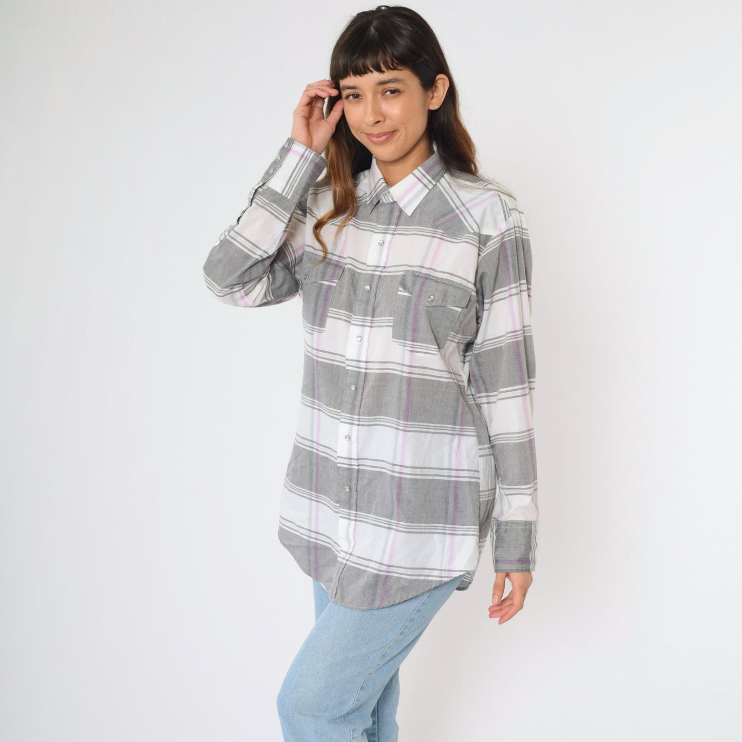 80s Gold Collection by Karman Western Shirt Pearl Snap Plaid Grey Large