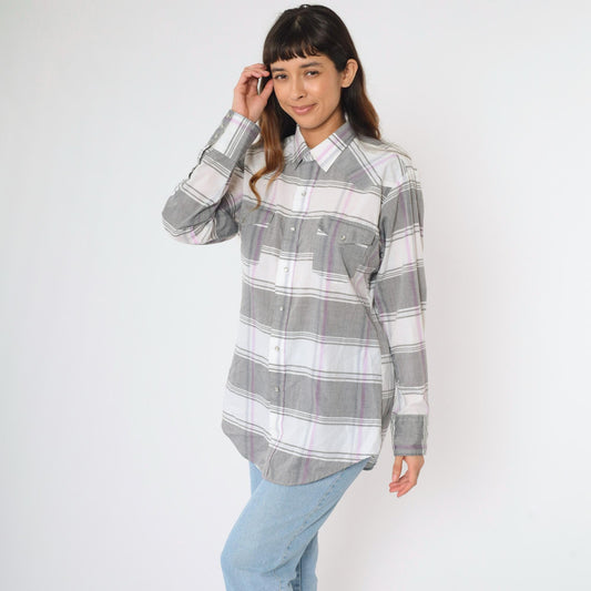 80s Gold Collection by Karman Western Shirt Pearl Snap Plaid Grey Large