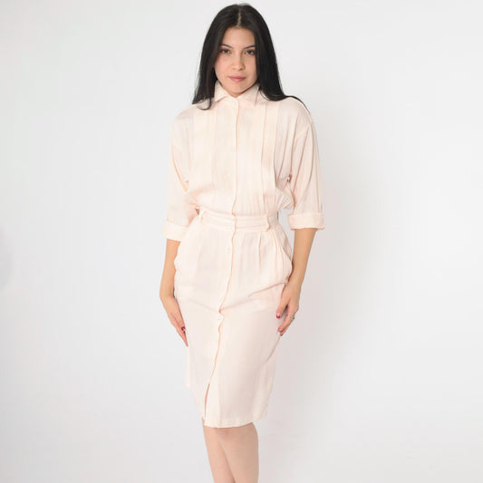 80s Peach Pink Button-Up Midi Dress Cuffed 3/4 Sleeve Pencil Cut XXS