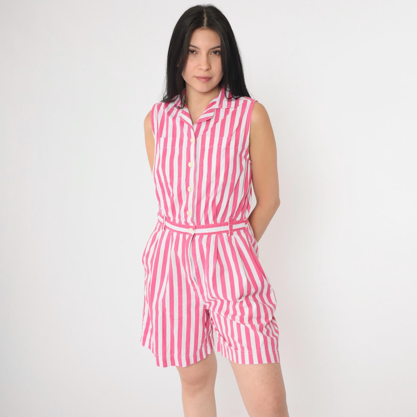 80s Striped Button-Up Romper White Pink High Waist Cotton Sleeveless Small