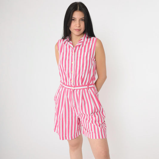 80s Striped Button-Up Romper White Pink High Waist Cotton Sleeveless Small
