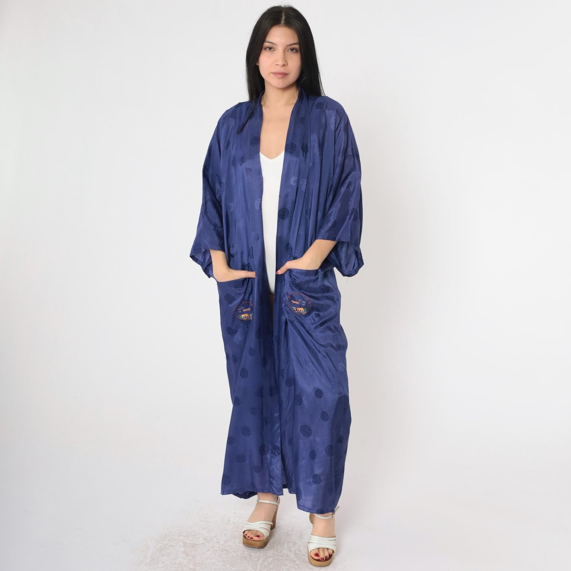 80s Dark Blue Embroidered Japanese Village Kimono Robe Maxi Wrap Extra Large