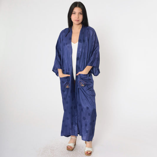80s Dark Blue Embroidered Japanese Village Kimono Robe Maxi Wrap Extra Large