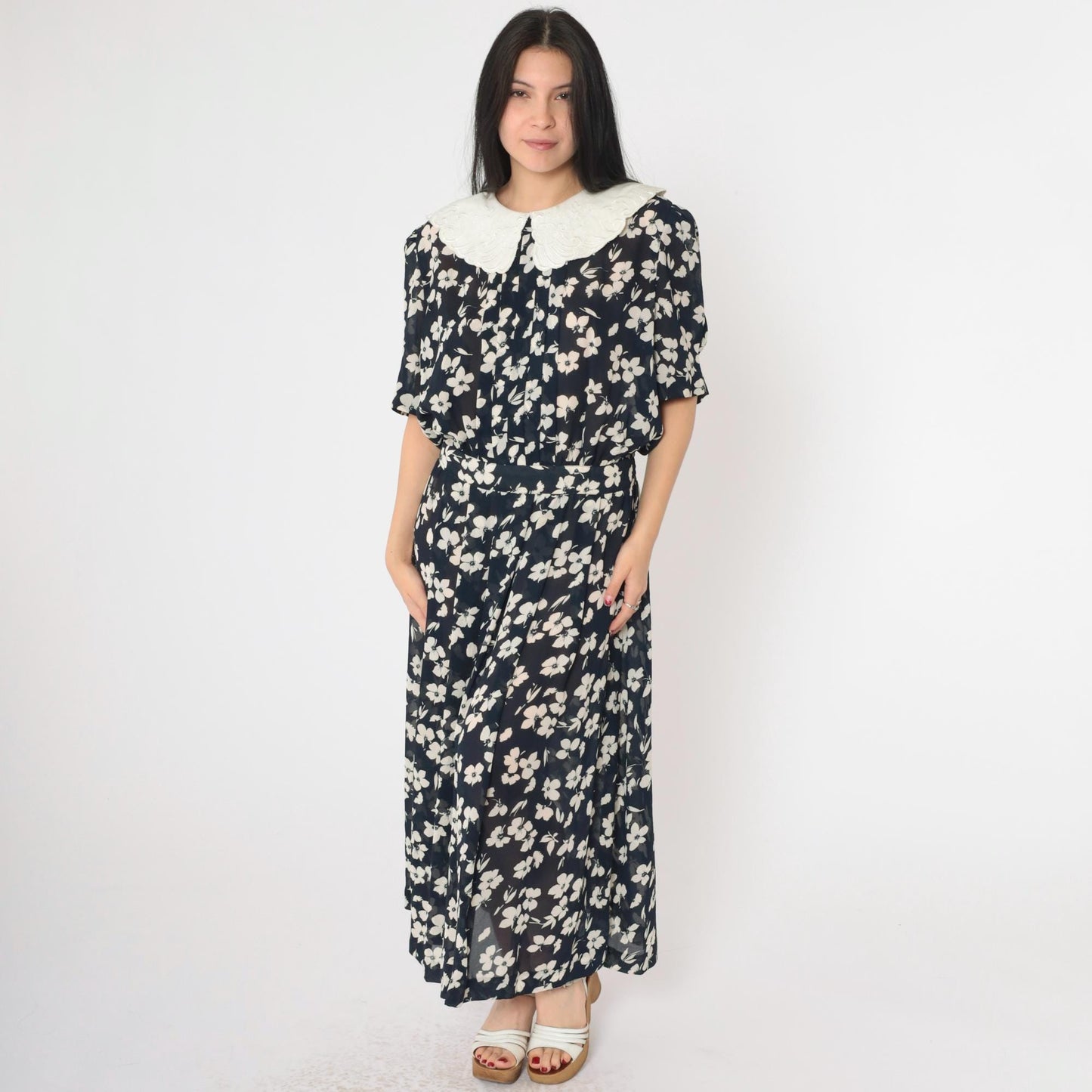 80s Karin Stevens Navy Floral Maxi Dress Pleated High Waist Puritan Collar Medium