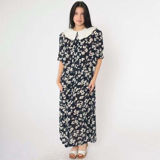 80s Karin Stevens Navy Floral Maxi Dress Pleated High Waist Puritan Collar Medium