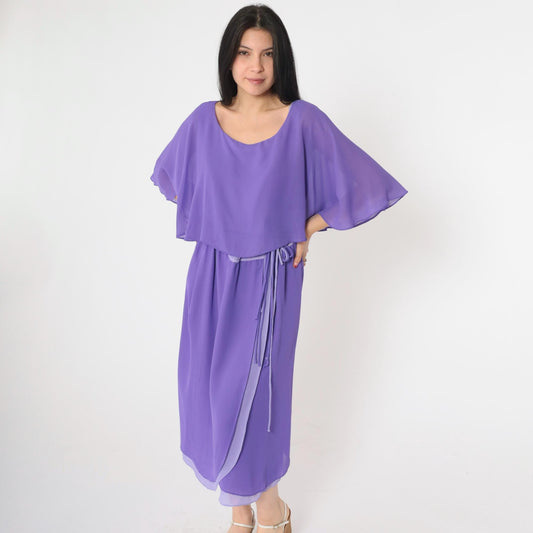 70s Matthew for Jo-Ed Sophisticates Two-Tone Purple Midi Dress Capelet Medium