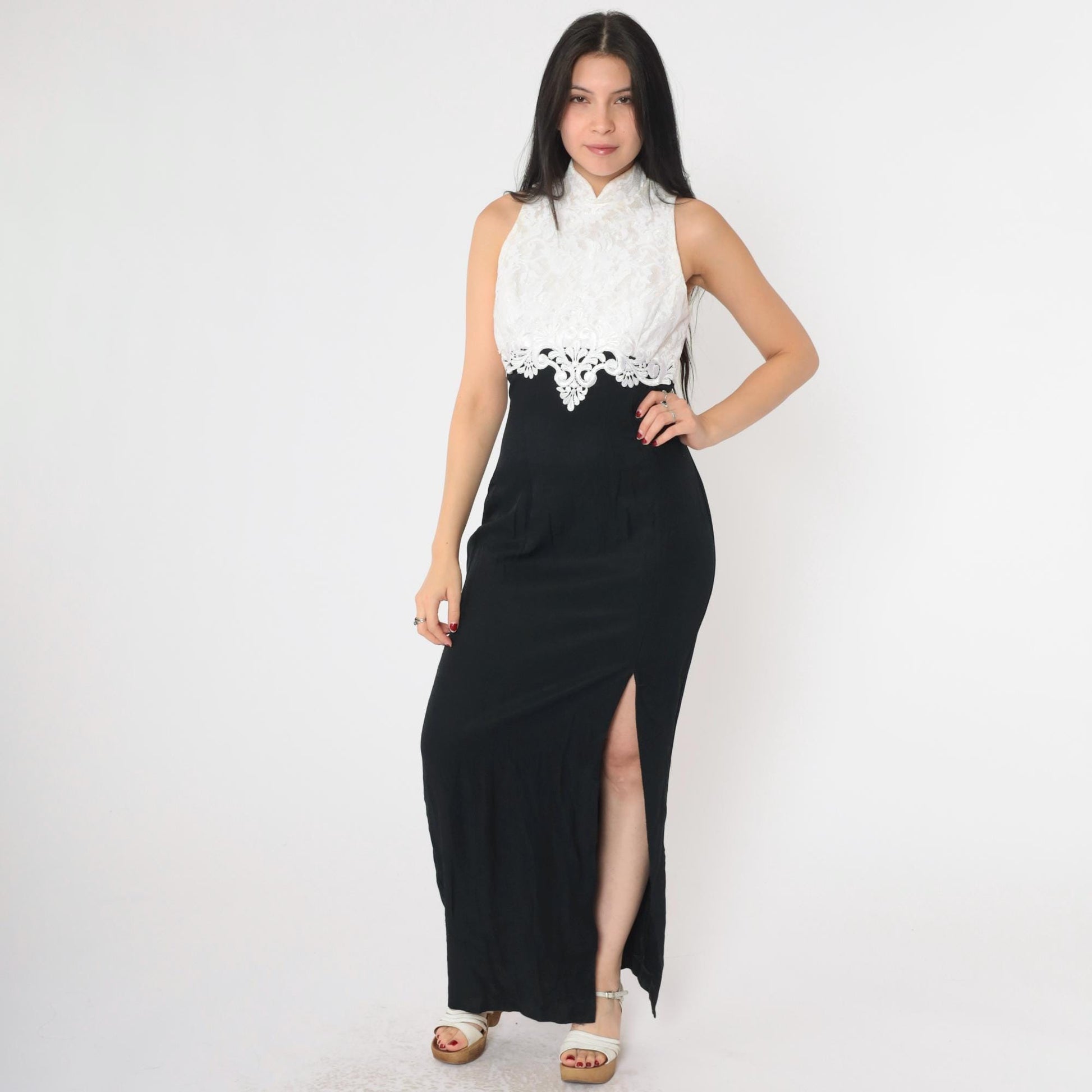 Jessica McClintock 80s Black White Lace Maxi Evening Dress Cutout Small
