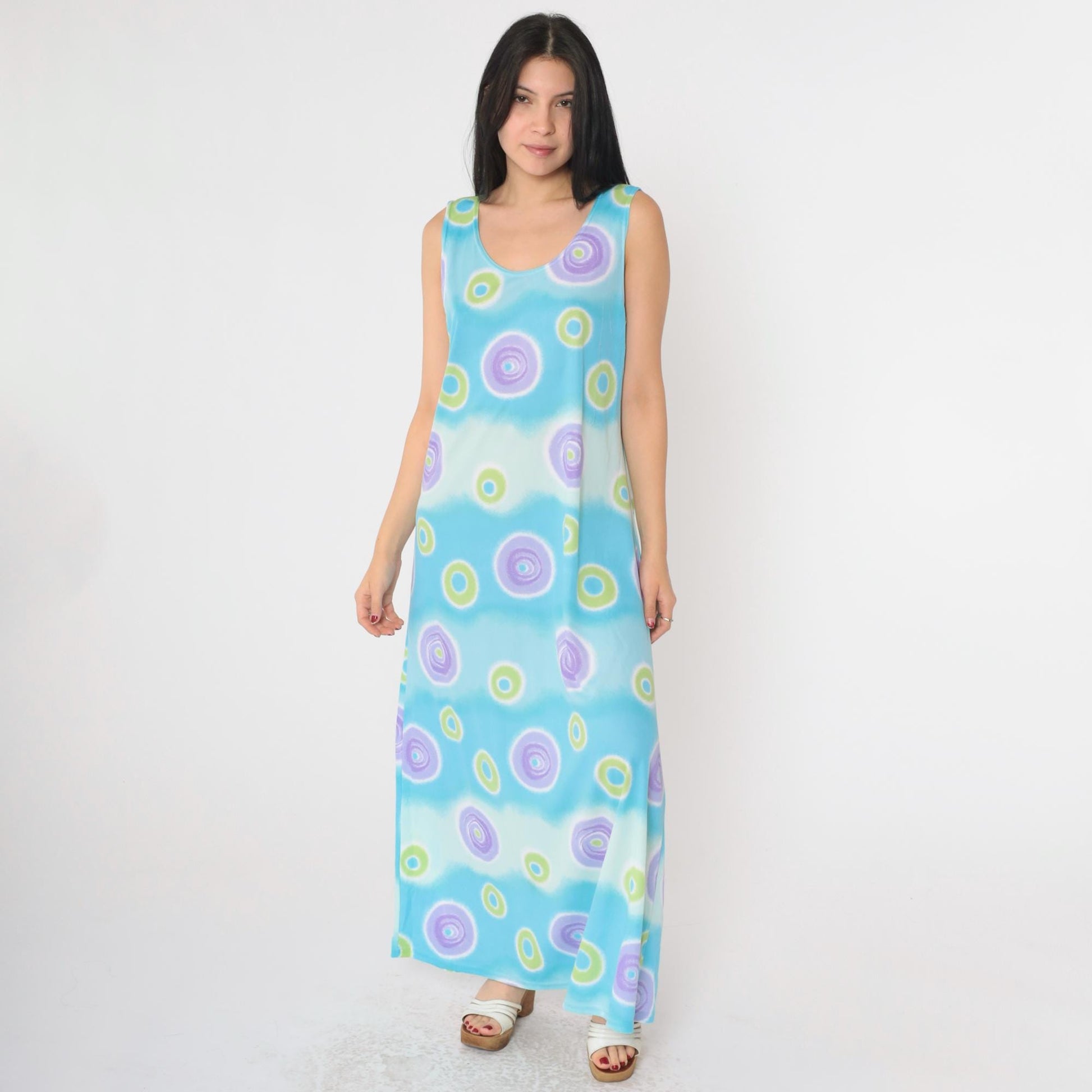 90s Blue Geometric Maxi Dress Sleeveless Shift Pullover Extra Large XXL