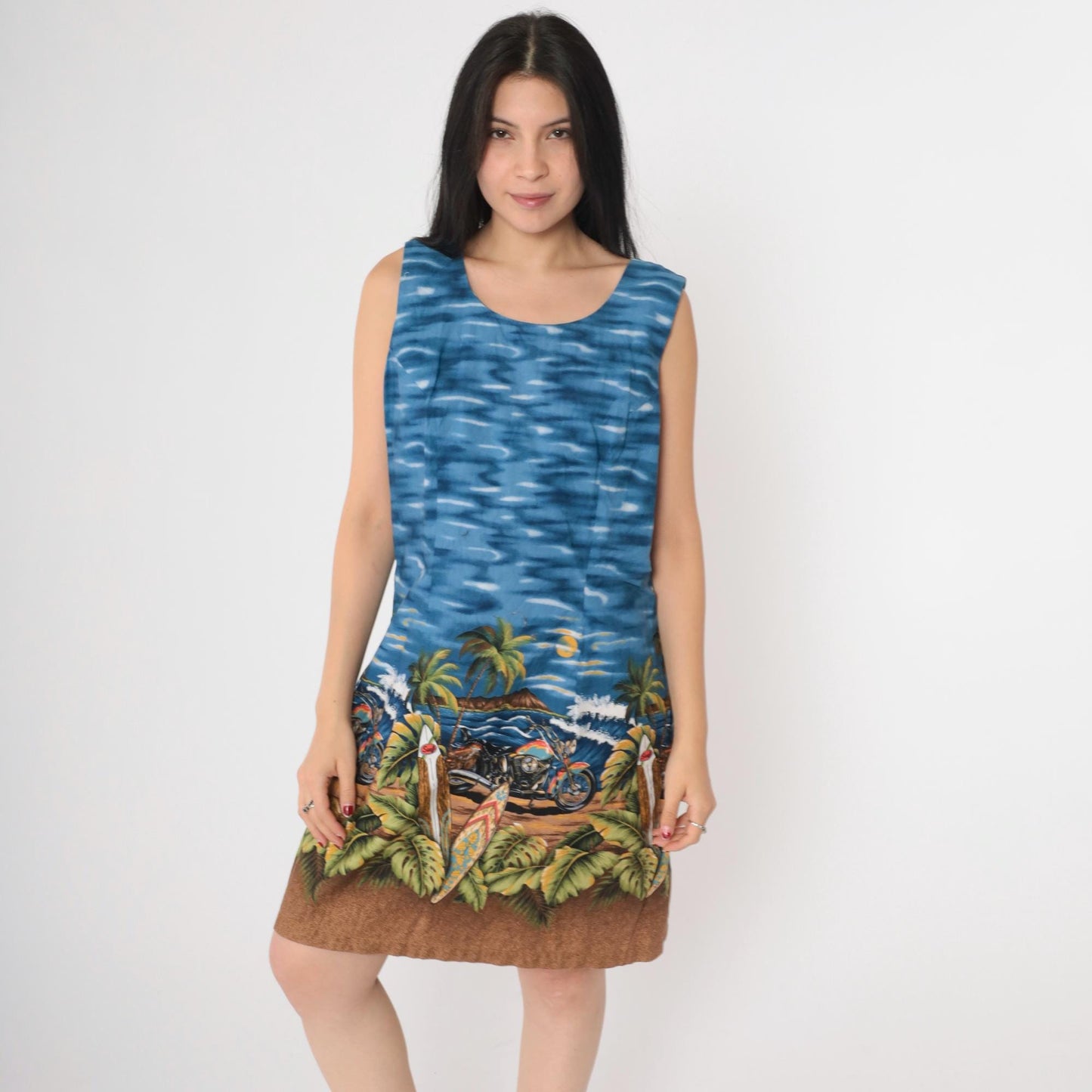 1990s Hawaiian Shift Dress Motorcycle Sunset Print Sleeveless Blue Medium