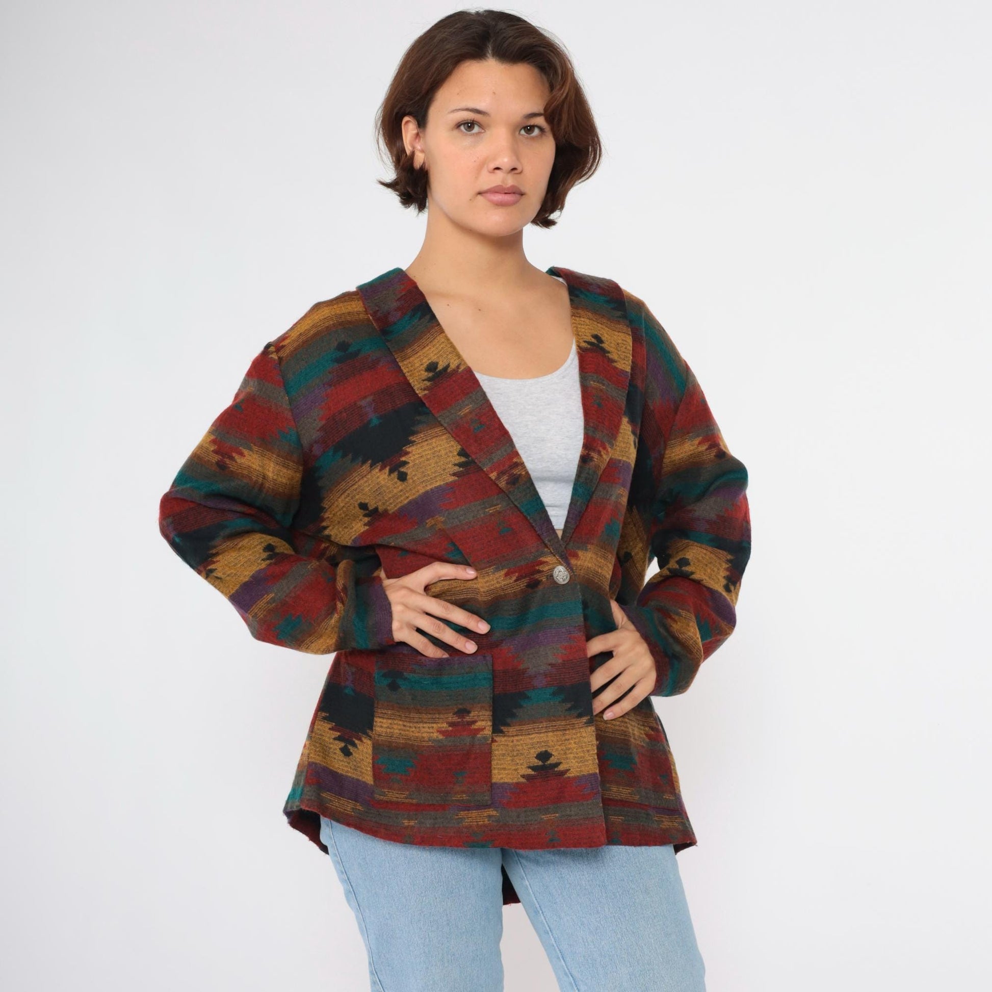 90s Southwestern Striped Blazer Red Yellow Blue Button Up Jacket Plus Size XXL