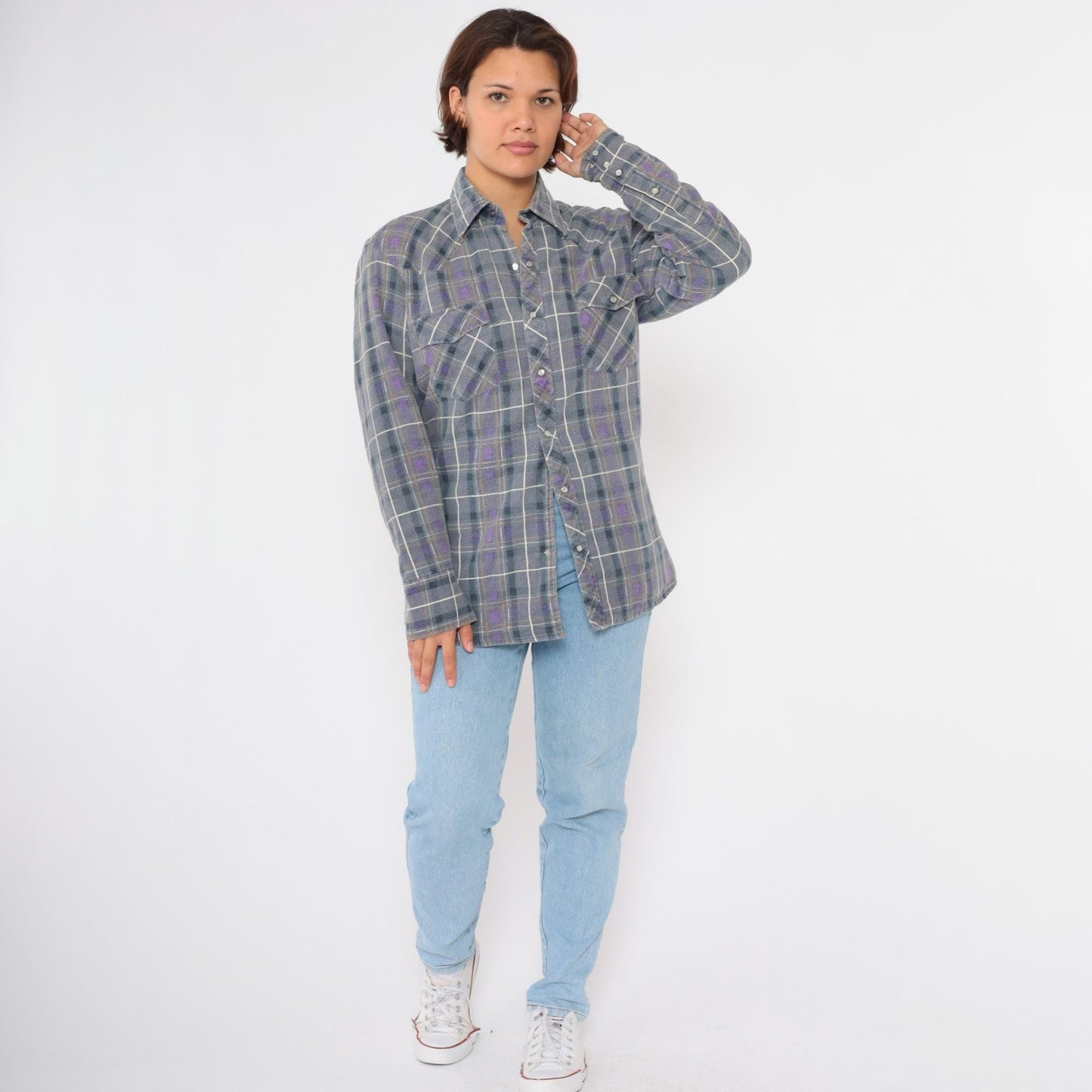 90s Rock Creek Ranch Pearl Snap Flannel Shirt Grey Purple Plaid Medium