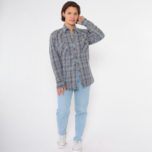 90s Rock Creek Ranch Pearl Snap Flannel Shirt Grey Purple Plaid Medium