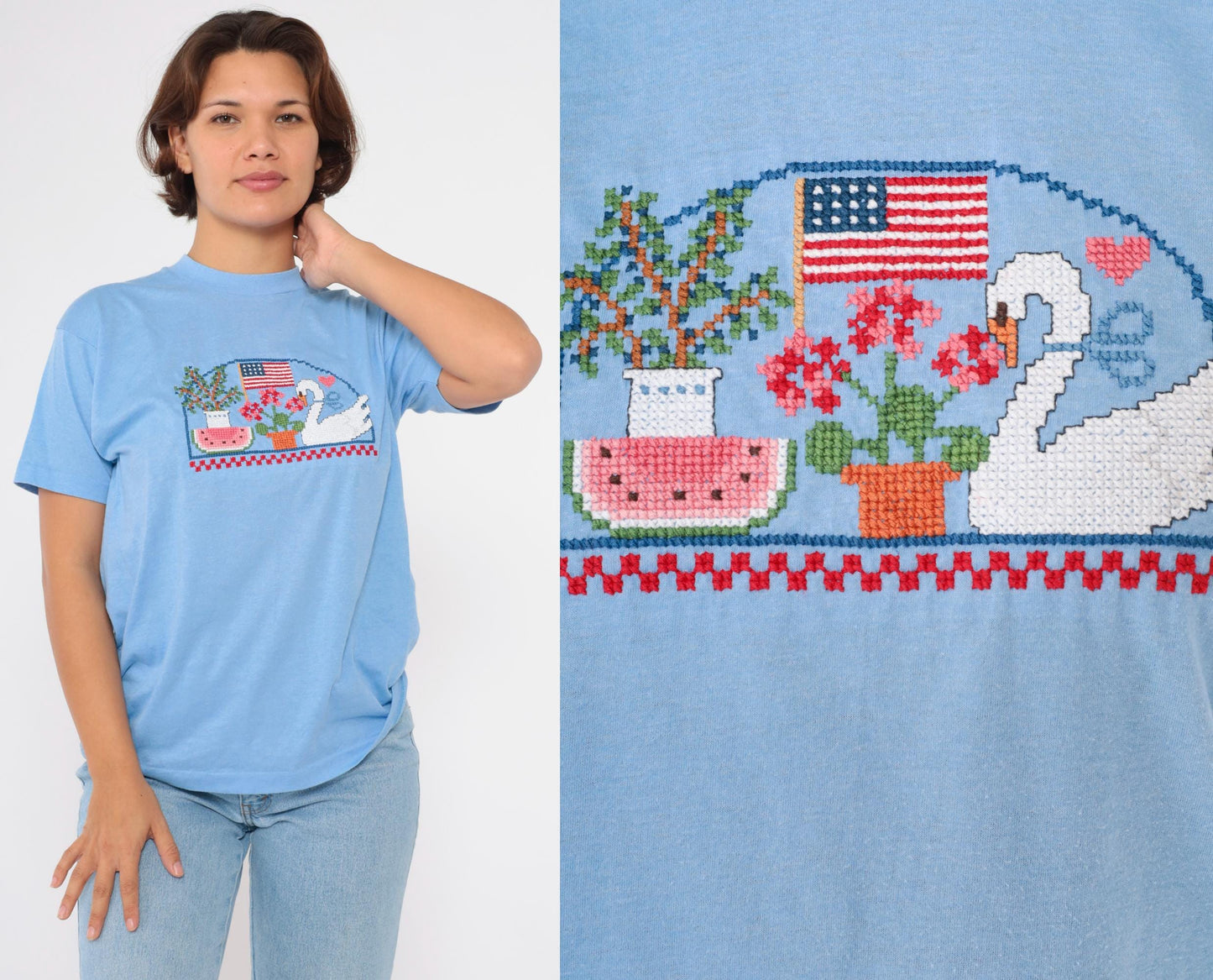 80s Screen Stars Embroidered Graphic Tee Swan Flag Watermelon Blue Medium