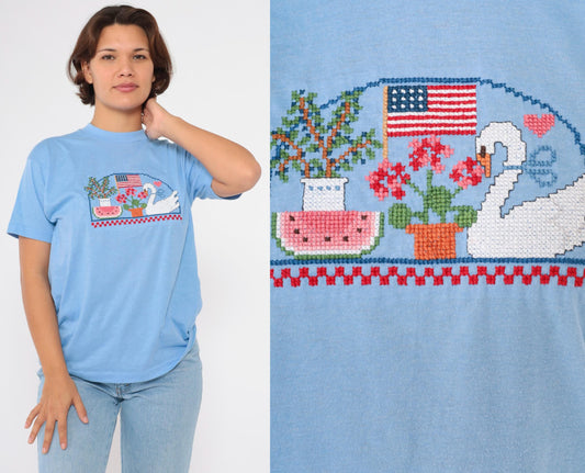 80s Screen Stars Embroidered Graphic Tee Swan Flag Watermelon Blue Medium