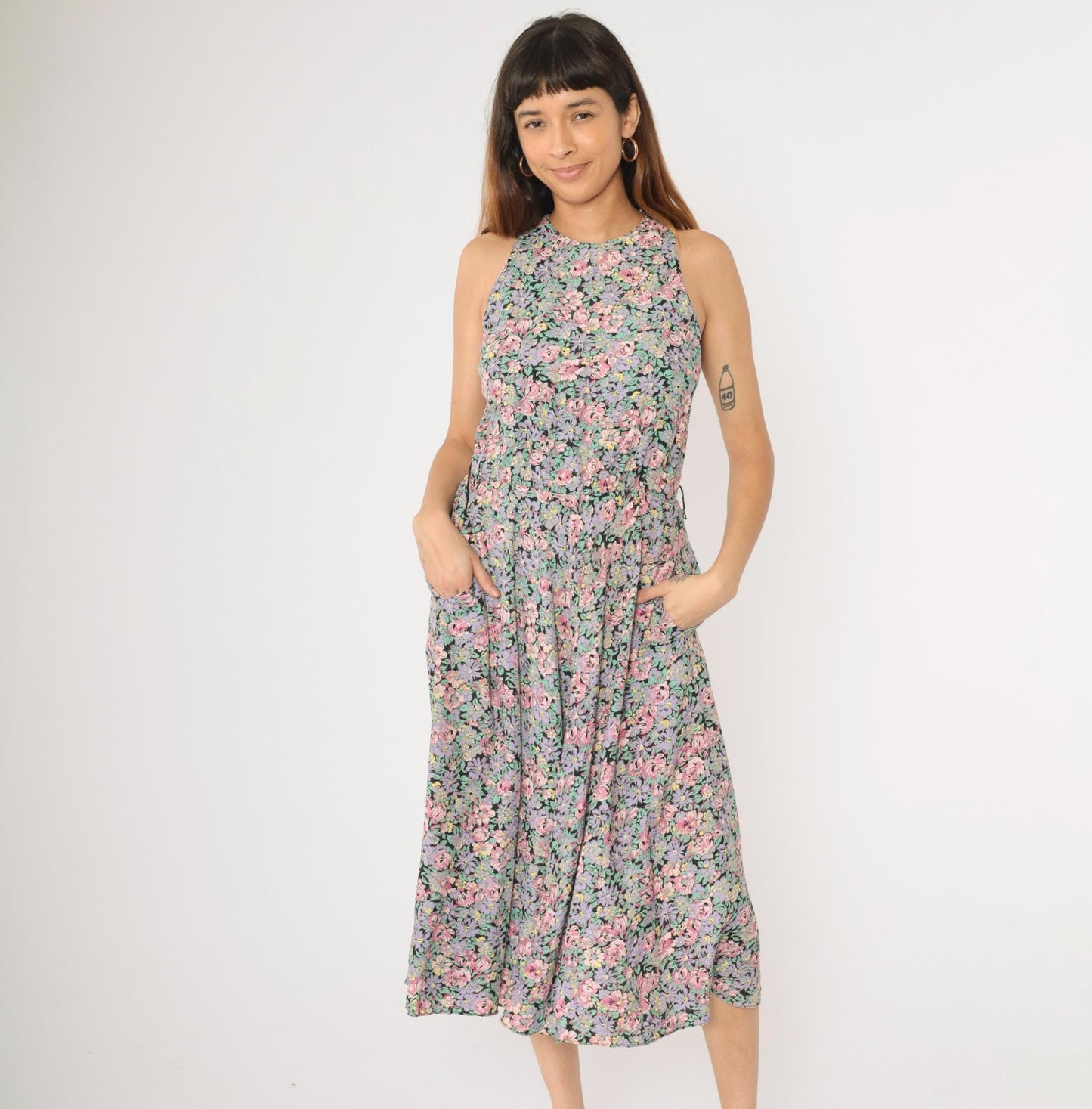 90s Ed Michaels Floral Midi Dress Pink Purple Sleeveless Small
