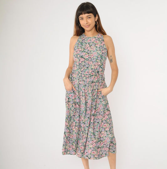 90s Ed Michaels Floral Midi Dress Pink Purple Sleeveless Small