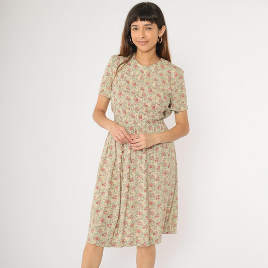 90s Betsy Lauren Petites Floral Midi Dress Pastel Green Pink Pintuck Small