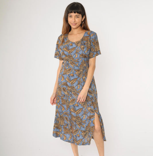 90s Caroline Wells Collection Floral Midi Dress Blue Gold A-Line Medium M