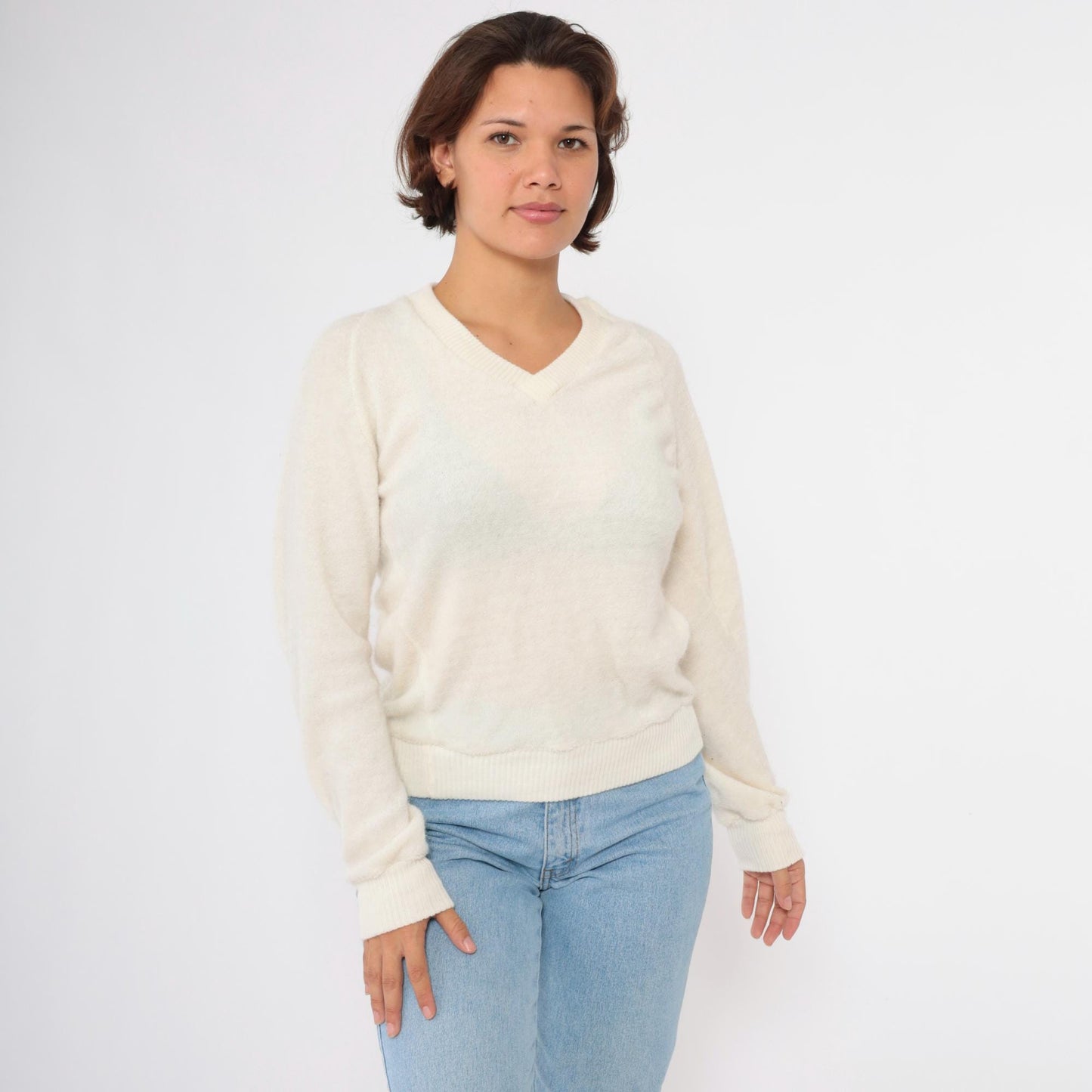 80s Terry Cloth V-Neck Sweatshirt Cream Raglan Sleeve Small