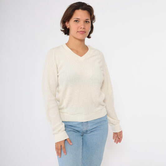 80s Terry Cloth V-Neck Sweatshirt Cream Raglan Sleeve Small