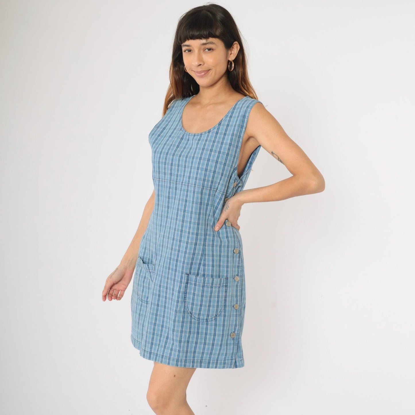 90s Cherokee Blue Plaid Mini Jumper Dress Sleeveless Shift Medium M