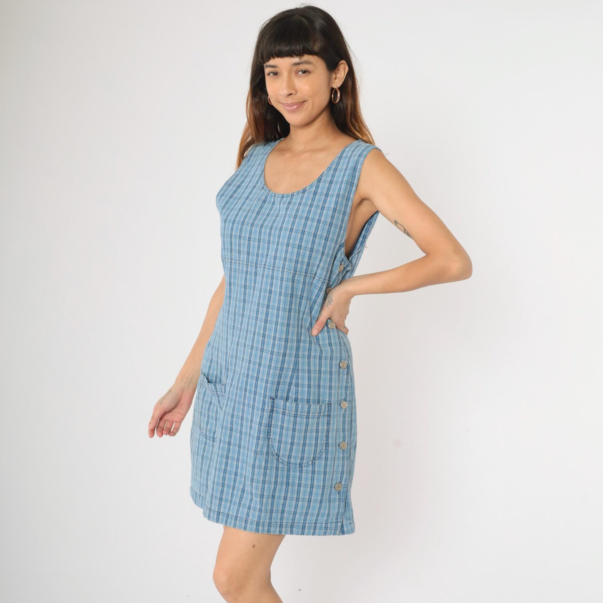 90s Cherokee Blue Plaid Mini Jumper Dress Sleeveless Shift Medium M