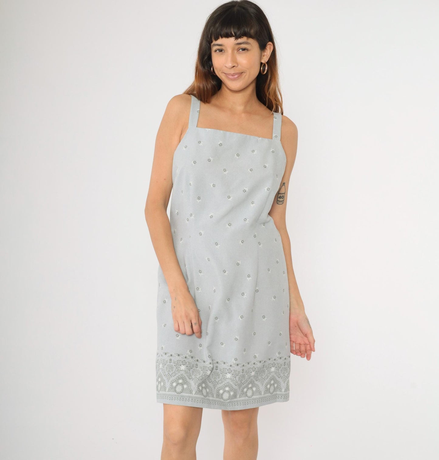 90s Grey Floral Mini Dress Sleeveless Square Neck Sheath Pencil Medium